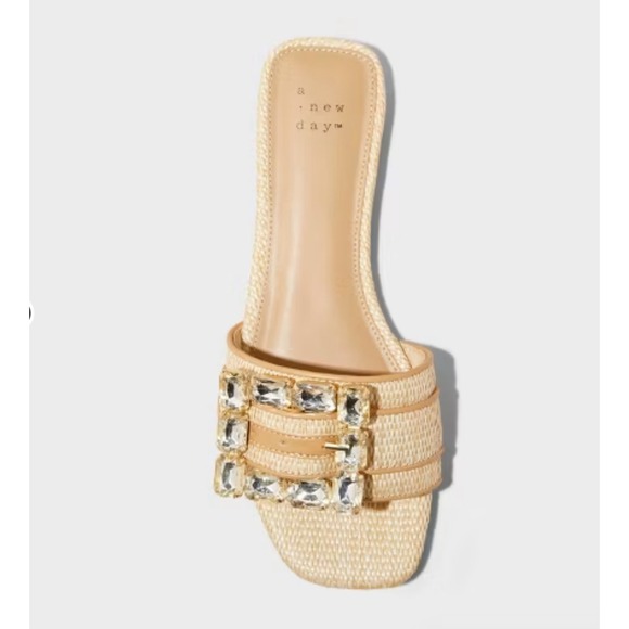 A New Day Women's Rhinestone Embellished Slide Sandals - Raffia‎ Tan size 6.5 - Picture 3 of 5
